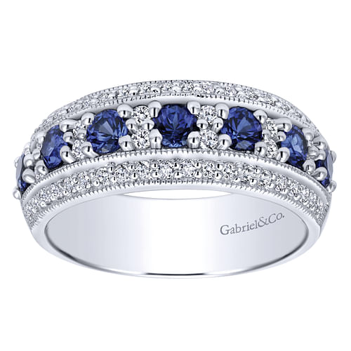 14k White Gold Vintage Inspired Alternating Sapphire and Diamond Band