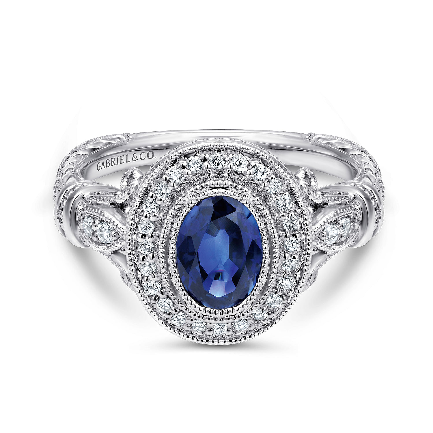Gabriel - 14k White Gold Vintage Inspired Classic Oval Sapphire and Diamond Halo Ring