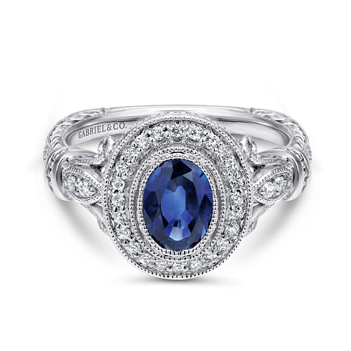 14k White Gold Vintage Inspired Classic Oval Sapphire and Diamond Halo Ring