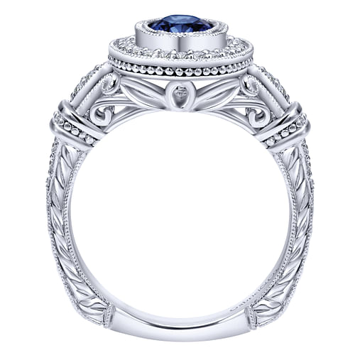 14k White Gold Vintage Inspired Classic Oval Sapphire and Diamond Halo Ring