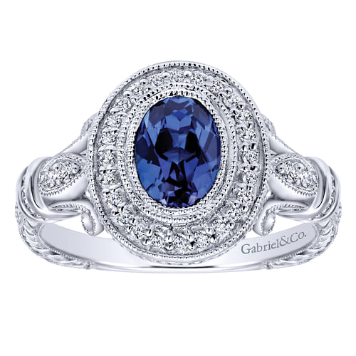 14k White Gold Vintage Inspired Classic Oval Sapphire and Diamond Halo Ring