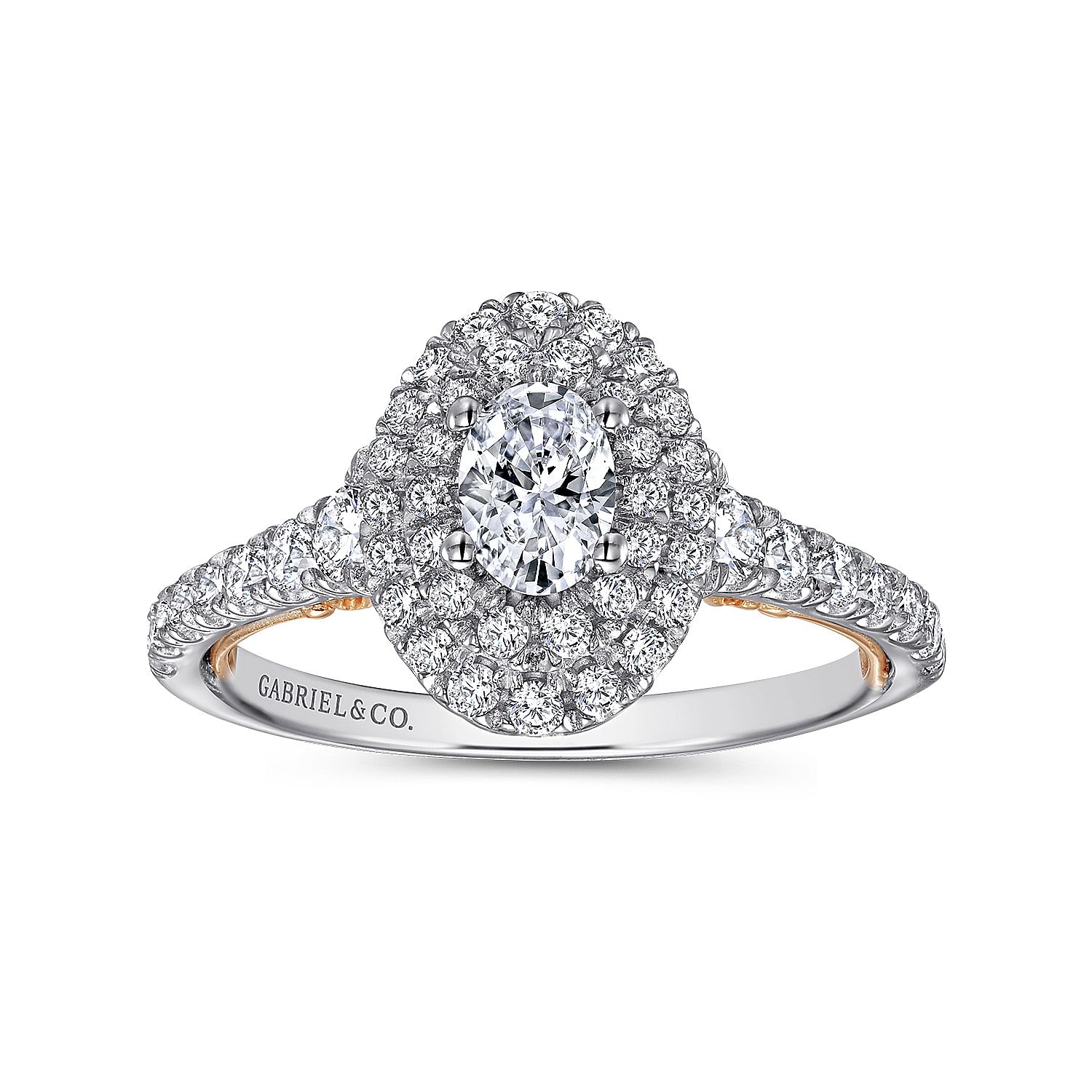 14k White-Rose Gold Oval Double Halo Complete Diamond Engagement Ring