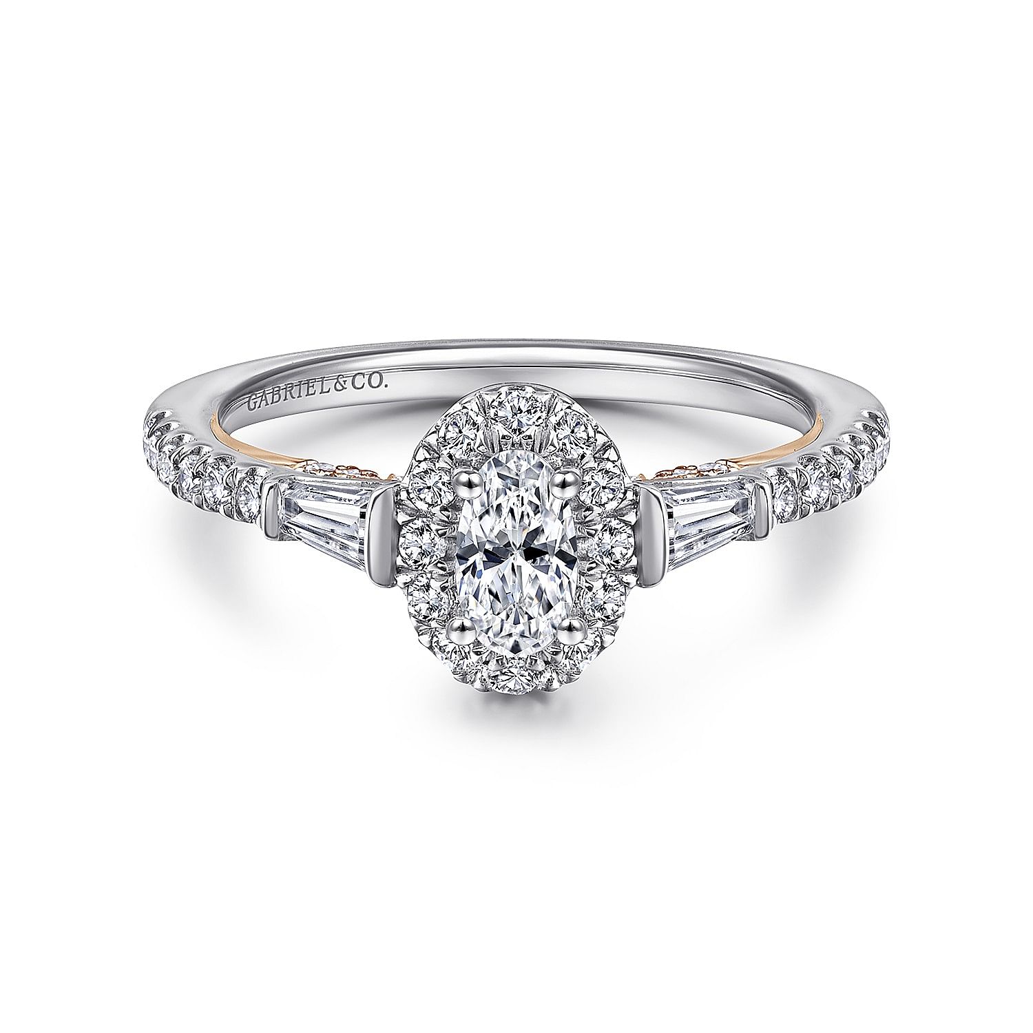 14k White-Rose Gold Oval Halo Three Stone Complete Diamond Channel Set Engagement Ring