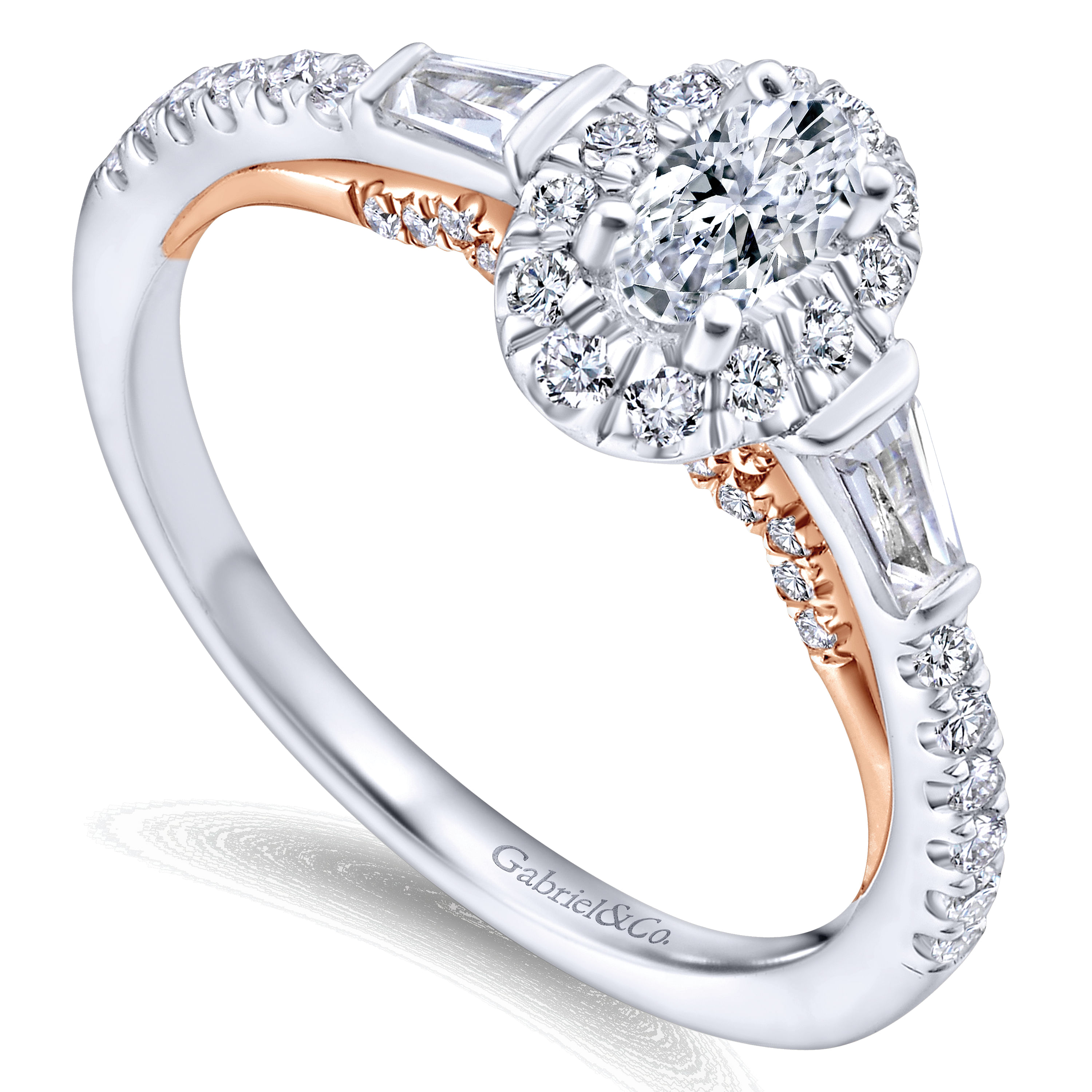 14k White-Rose Gold Oval Halo Three Stone Complete Diamond Channel Set Engagement Ring