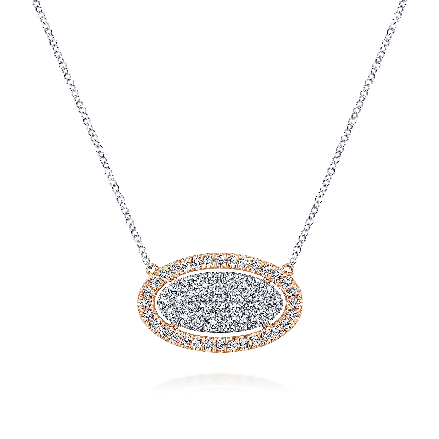 14k White-Rose Gold Pavé Diamond Oval Pendant Necklace