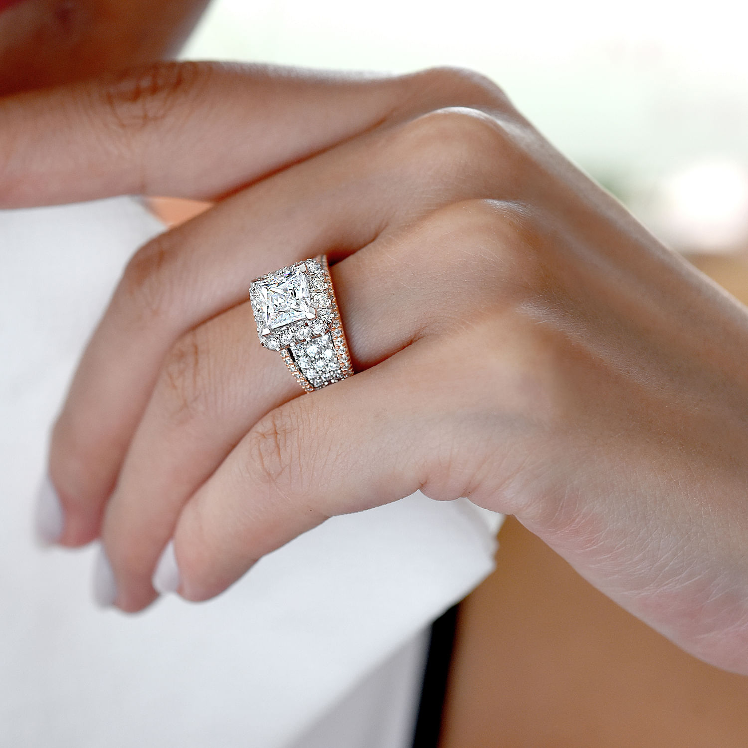 14k White-Rose Gold Princess Cut Halo Diamond Engagement Ring
