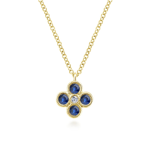 14k Yellow Gold Diamond Sapphire Quartet Fashion Necklace