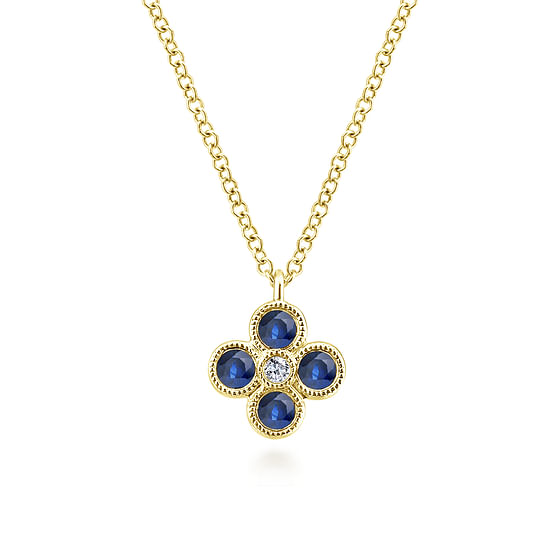 Gabriel - 14k Yellow Gold Diamond Sapphire Quartet Fashion Necklace
