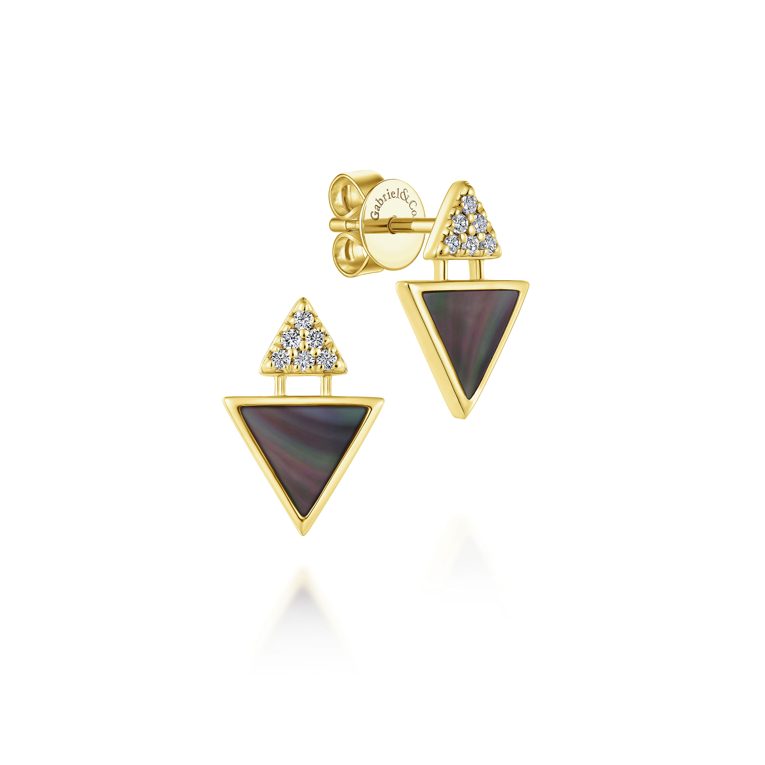 14k Yellow Gold Diamond and Black Mother Of Pearl Double Triangle Stud Earrings