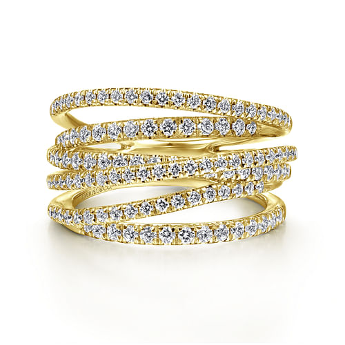 14k Yellow Gold Layered Criss Crossing Wide Band Diamond Ring