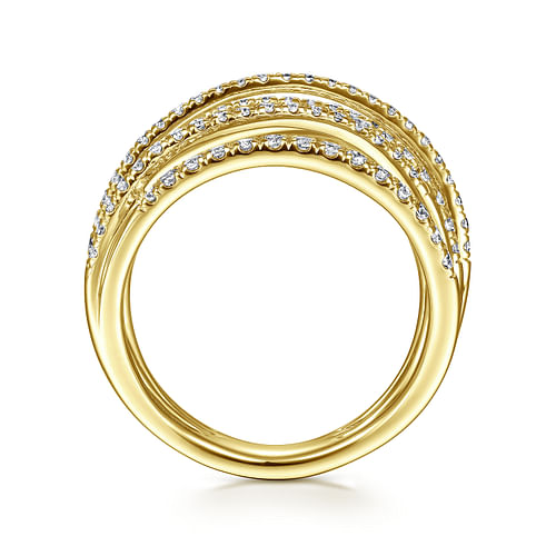 14k Yellow Gold Layered Criss Crossing Wide Band Diamond Ring