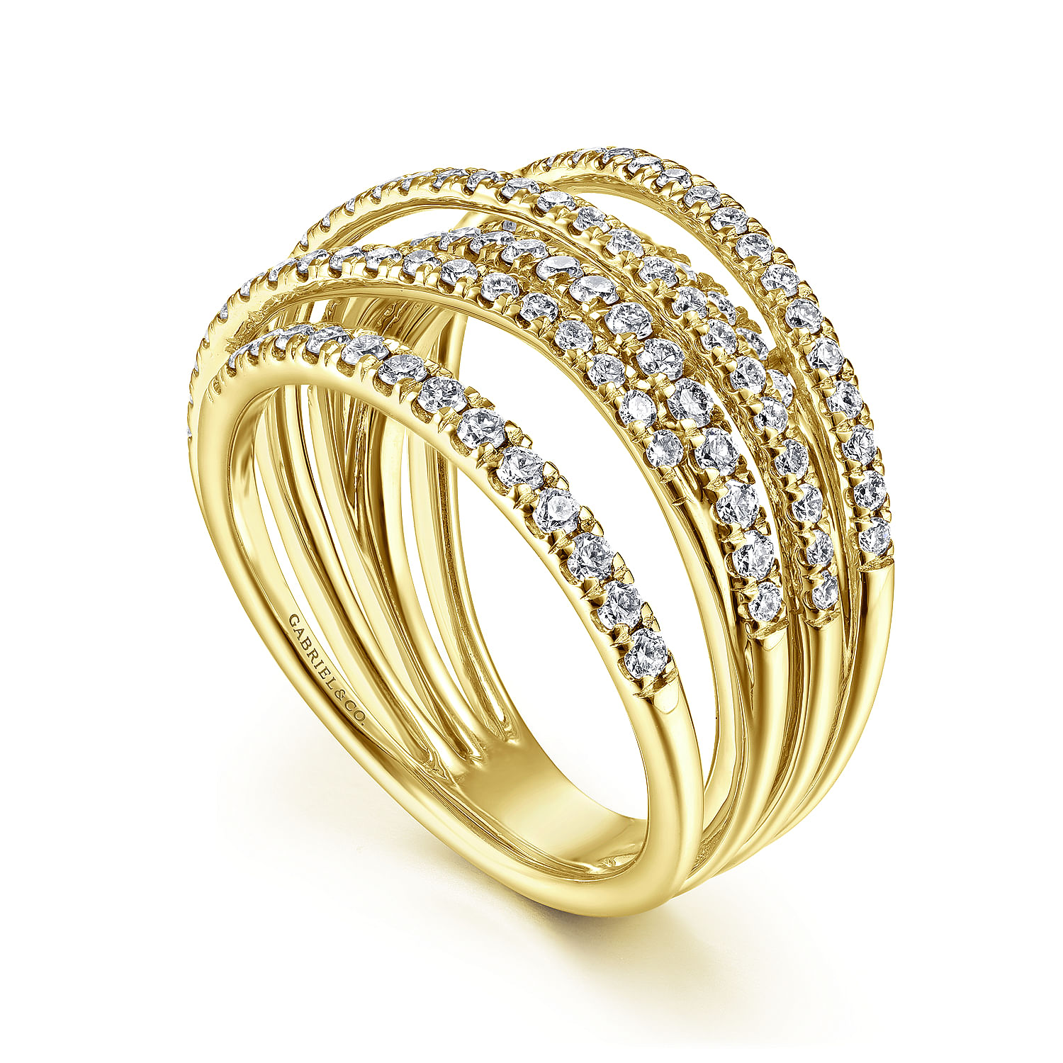 14k Yellow Gold Layered Criss Crossing Wide Band Diamond Ring