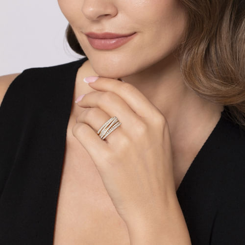 14k Yellow Gold Layered Criss Crossing Wide Band Diamond Ring