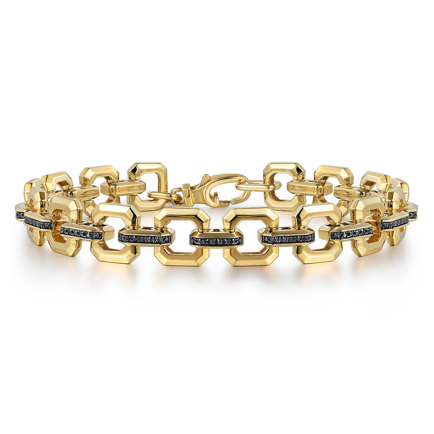 14k Yellow Gold Men's Link Chain Tennis Bracelet with Black Spinel Connectors
