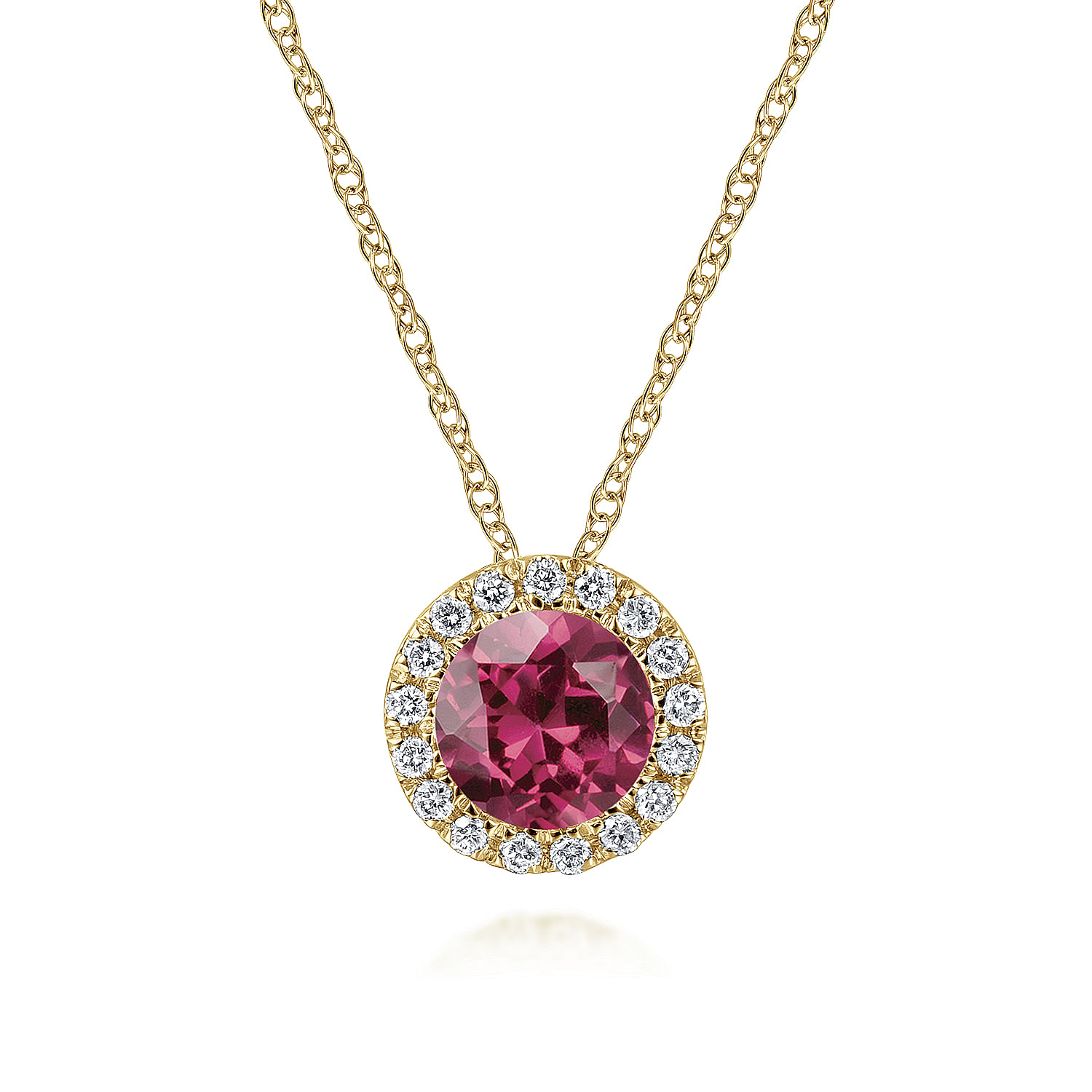 14k Yellow Gold Round Cut Diamond Halo & Pink Tourmaline Pendant Necklace
