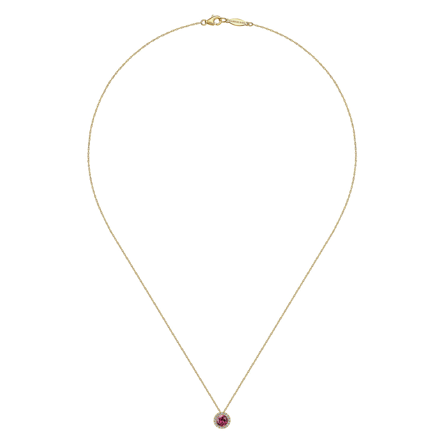 14k Yellow Gold Round Cut Diamond Halo & Pink Tourmaline Pendant Necklace
