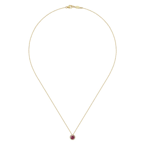 14k Yellow Gold Round Cut Diamond Halo & Pink Tourmaline Pendant Necklace

