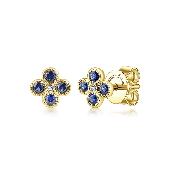 Gabriel - 14k Yellow Gold Round Diamond & Sapphire Stud Earrings