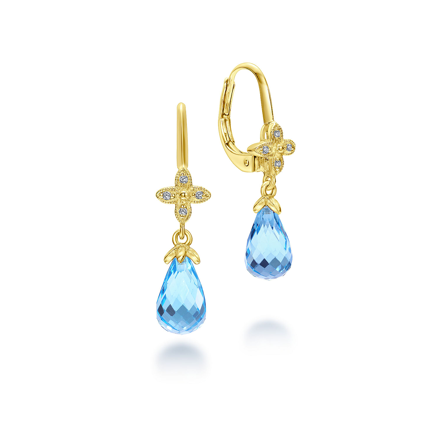14k Yellow Gold Swiss Blue Topaz & Diamond Drop Earrings