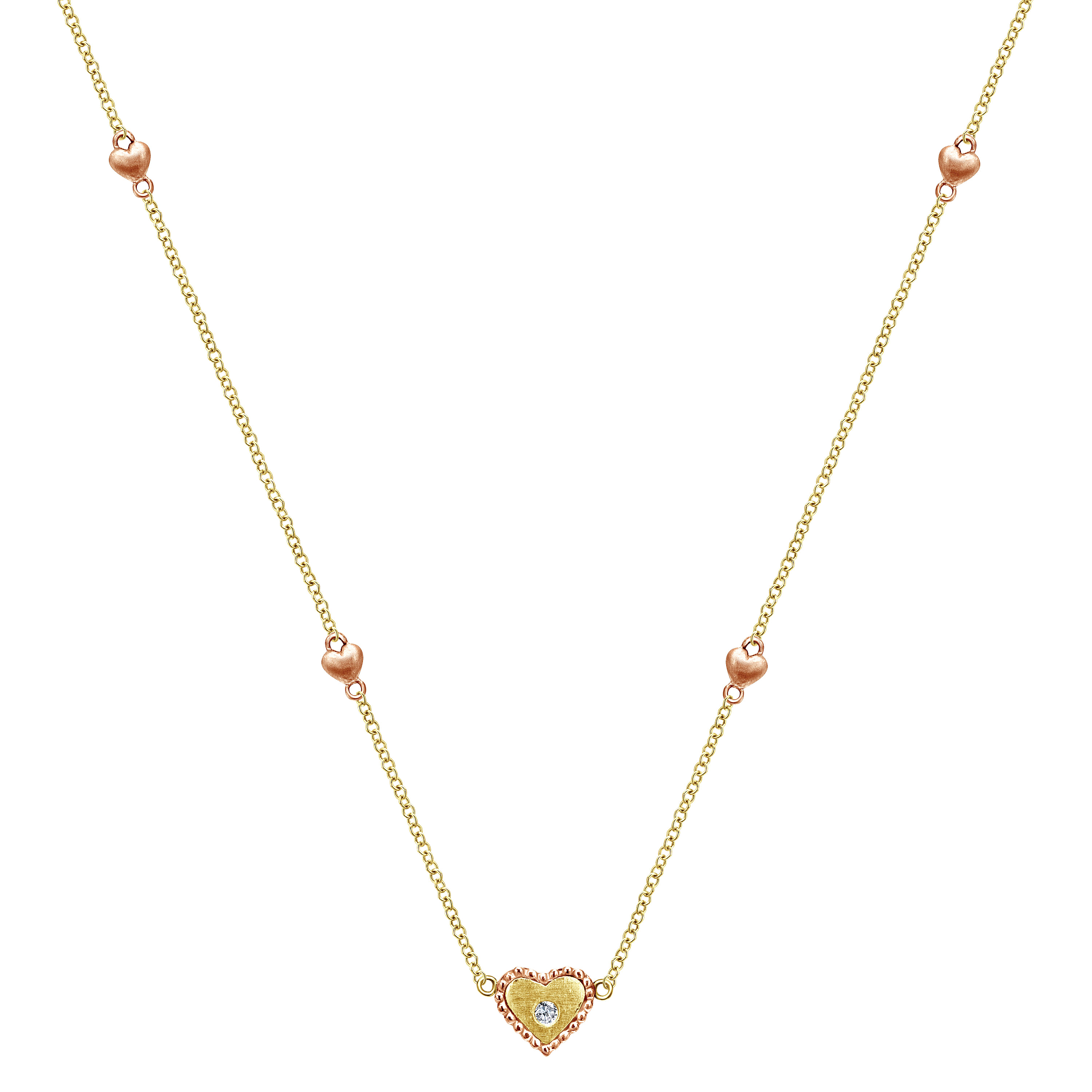 14k Yellow/Rose Gold Diamond Heart Station Necklace
