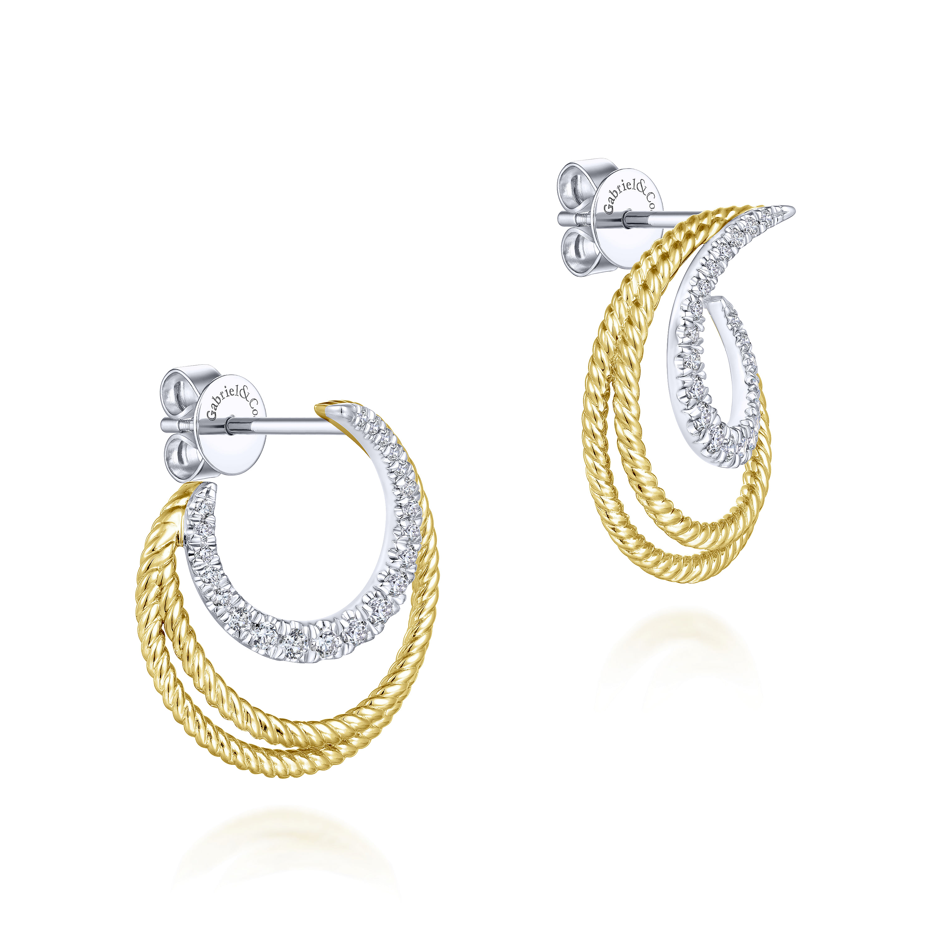 14k Yellow/White Gold Twisted Crescent Diamond Stud Earrings