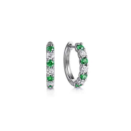 15mm 14K White Gold Diamond and Emerald Huggie Earrings 15mm 14K White Gold Diamond and Emerald Huggie Earrings