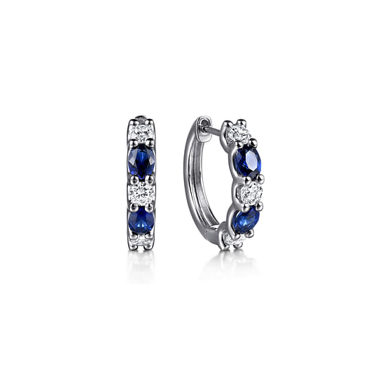 Gabriel - 15mm 14K White Gold Diamond and Oval Sapphire Huggie Earrings