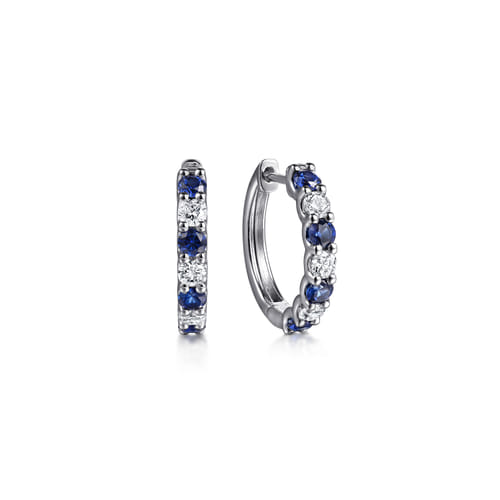 15mm 14K White Gold Diamond and Sapphire Huggie Earrings