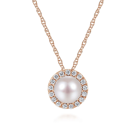 Gabriel - 18 Inch 14K Rose Gold Pearl and Diamond Halo Pendant Necklace