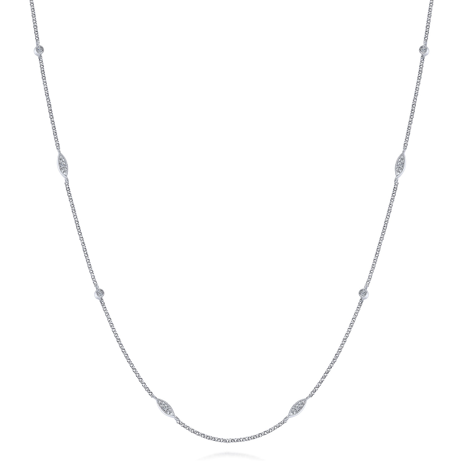 18 Inch 14K White Gold Marquise and Round Diamond Station Necklace