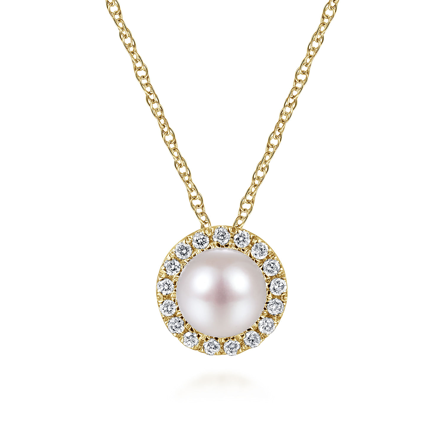 18 Inch 14K Yellow Gold Pearl and Diamond Halo Pendant Necklace