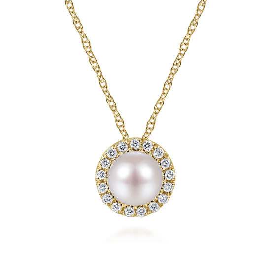 Gabriel - 18 Inch 14K Yellow Gold Pearl and Diamond Halo Pendant Necklace