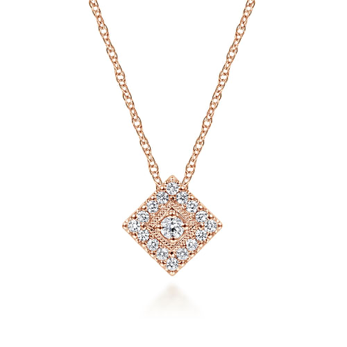 18 inch 14K Rose Gold Diamond Square Pendant Necklace