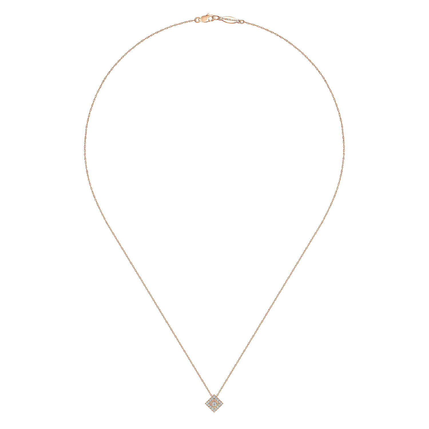 18 inch 14K Rose Gold Diamond Square Pendant Necklace