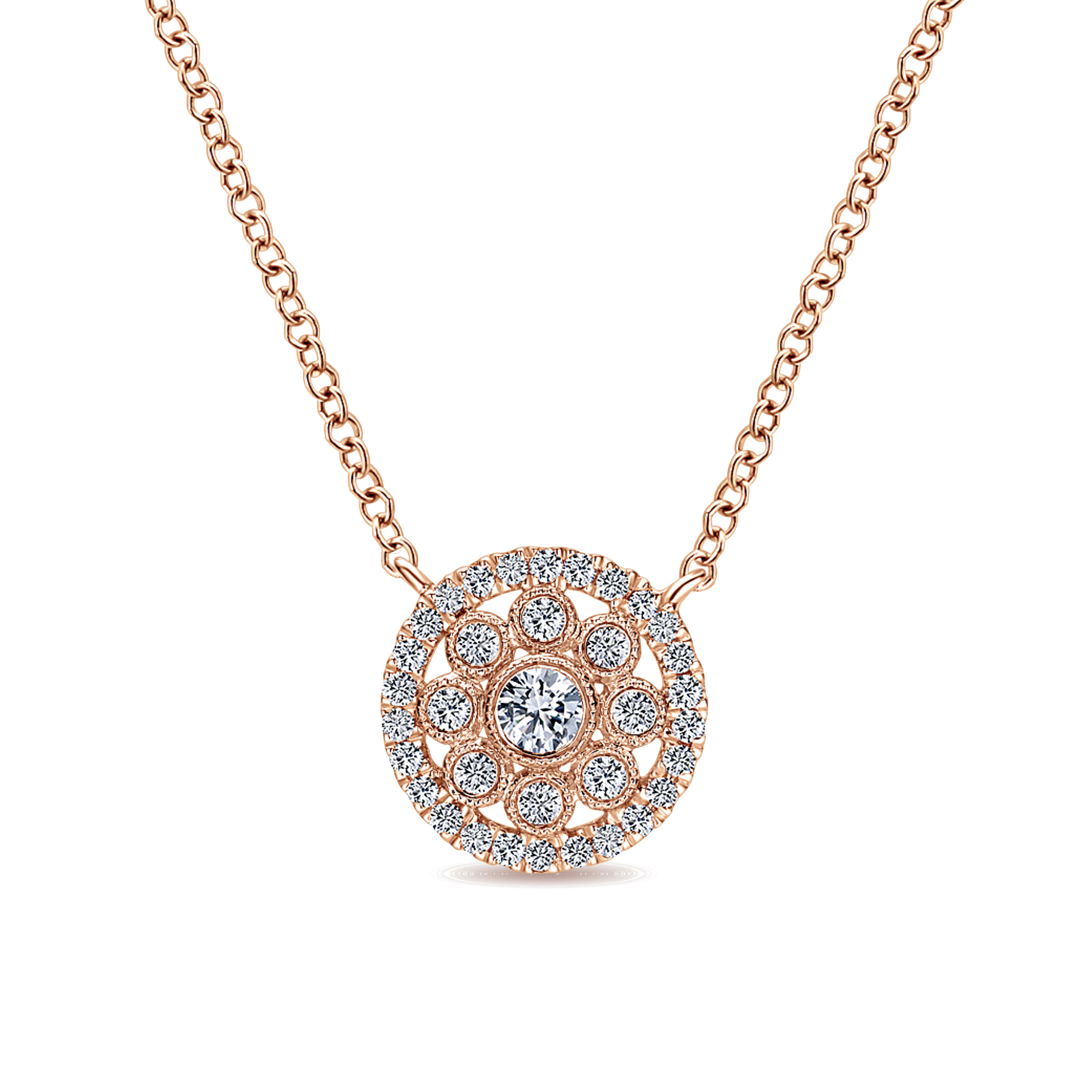 18 inch 14K Rose Gold Floral Diamond Halo Pendant Necklace