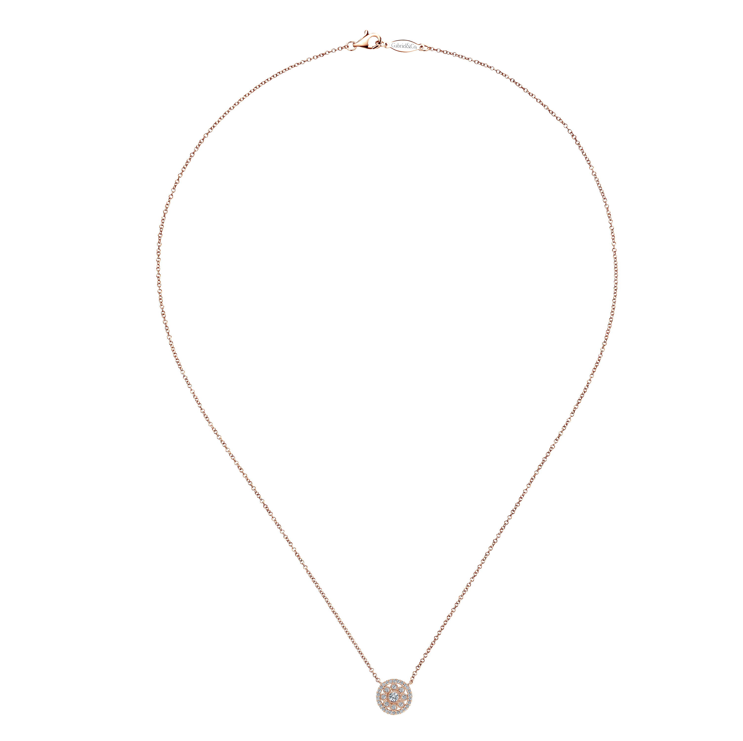 18 inch 14K Rose Gold Floral Diamond Halo Pendant Necklace