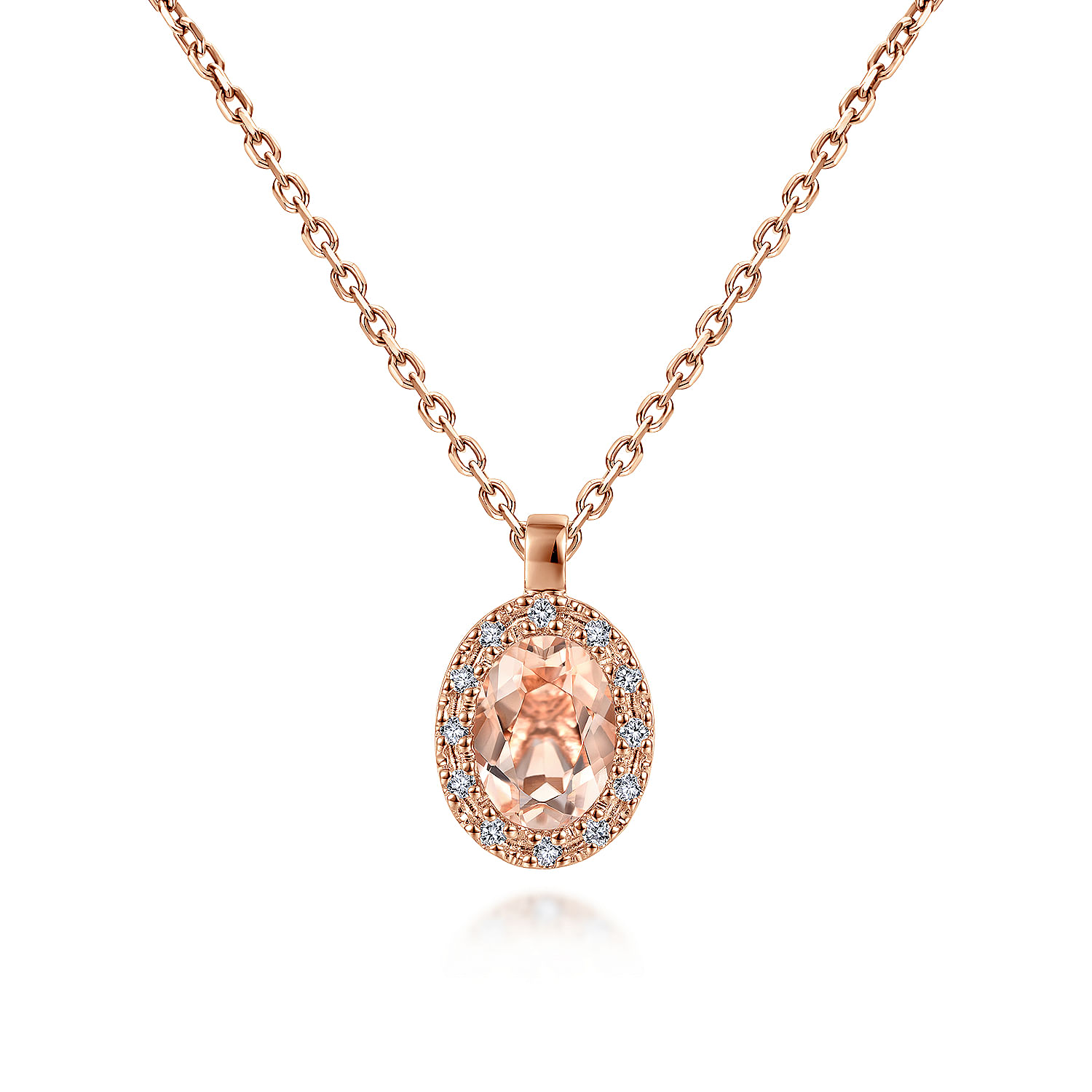 18 inch 14K Rose Gold Morganite and Diamond Halo Drop Necklace