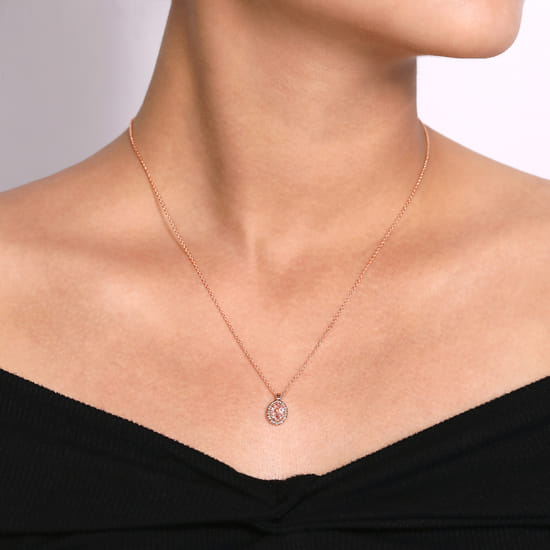18 inch 14K Rose Gold Morganite and Diamond Halo Drop Necklace angle 3