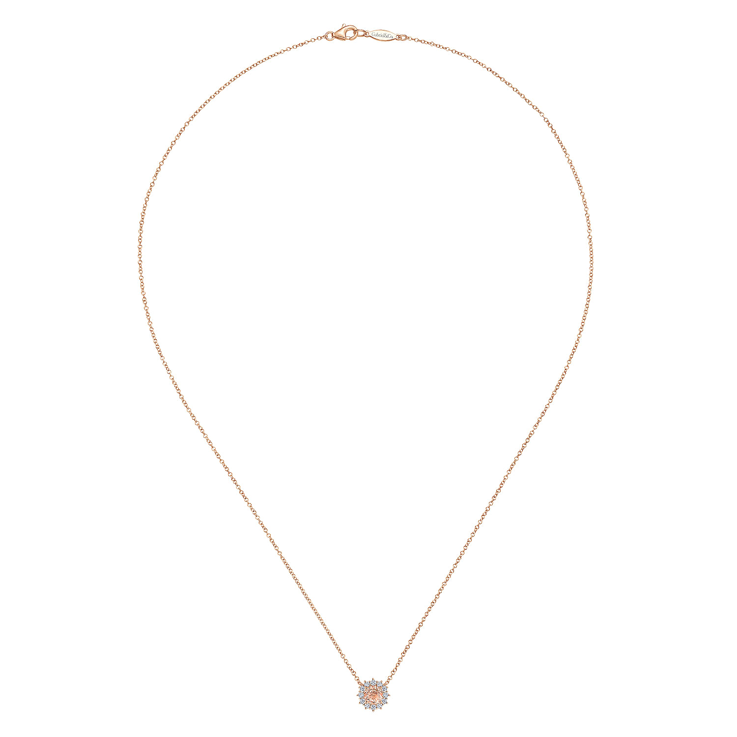 18 inch 14K Rose Gold Round Morganite and Diamond Halo Pendant Necklace