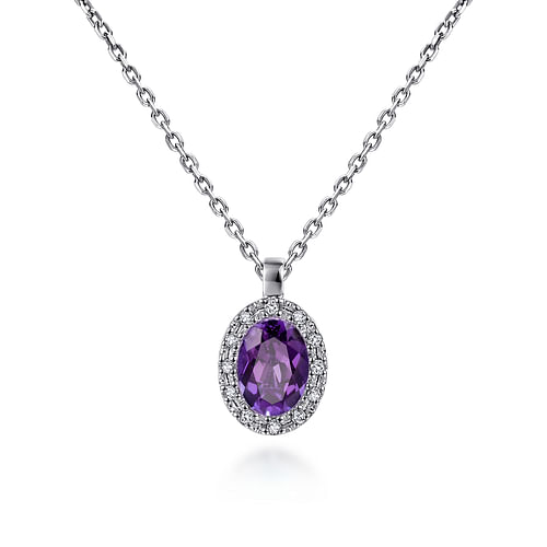 18 inch 14K White Gold Amethyst and Diamond Halo Drop Necklace