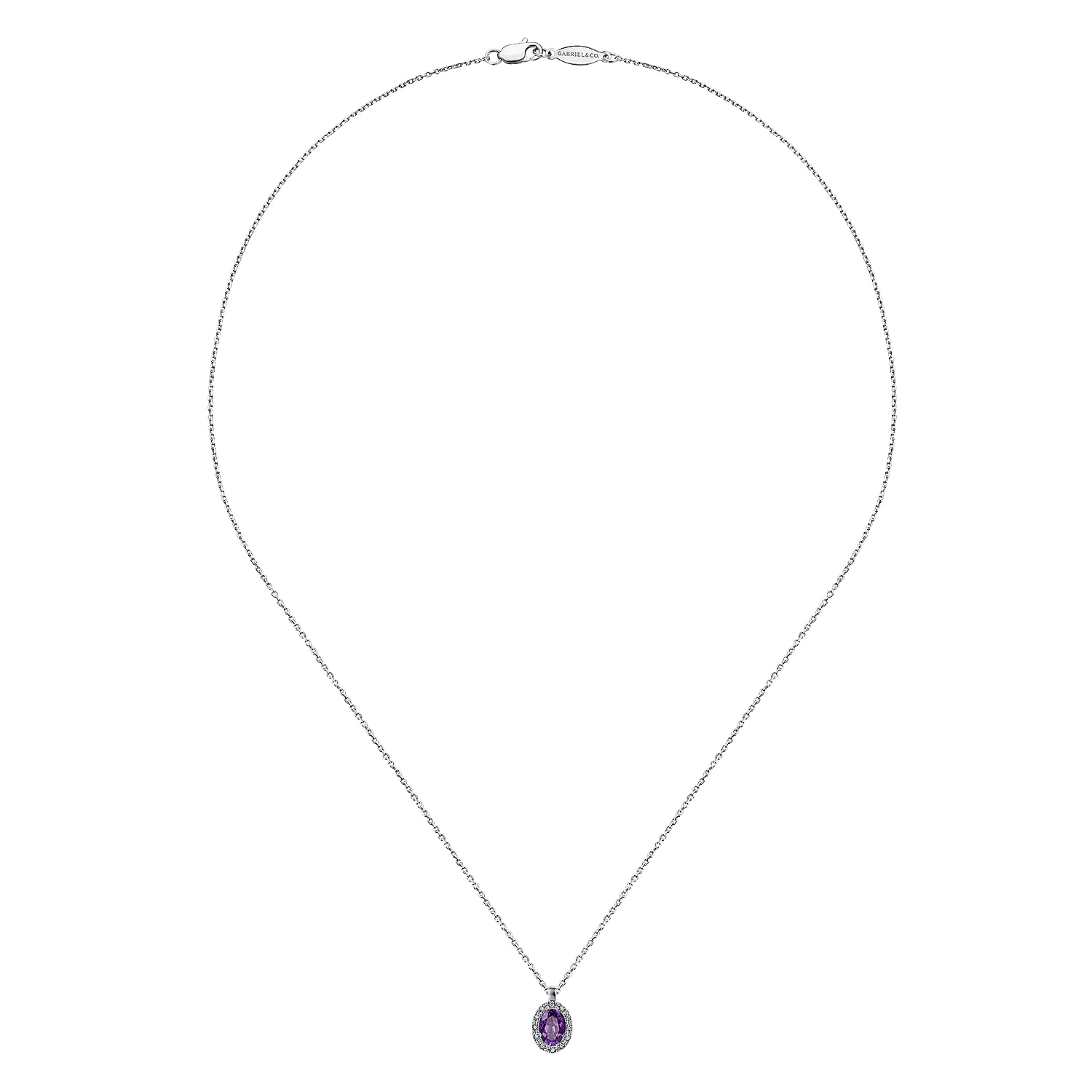18 inch 14K White Gold Amethyst and Diamond Halo Drop Necklace