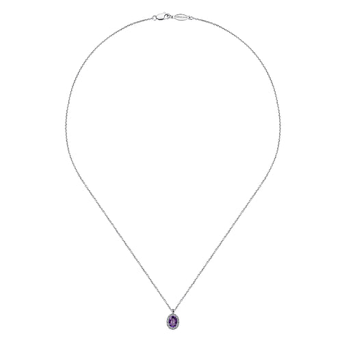 18 inch 14K White Gold Amethyst and Diamond Halo Drop Necklace