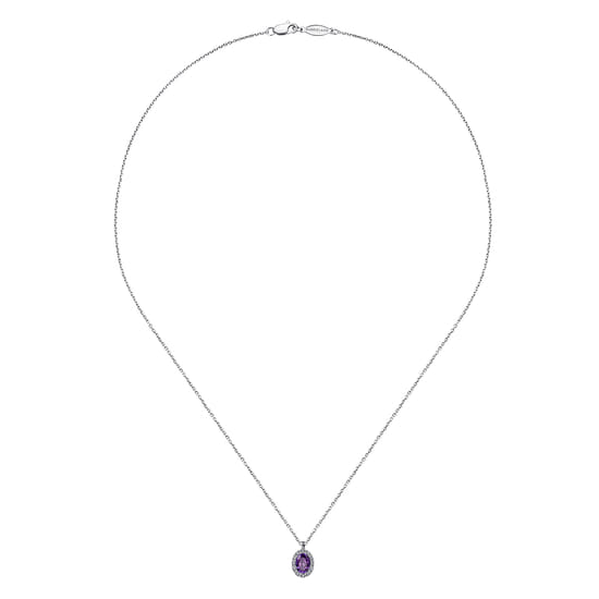 18 inch 14K White Gold Amethyst and Diamond Halo Drop Necklace angle 2