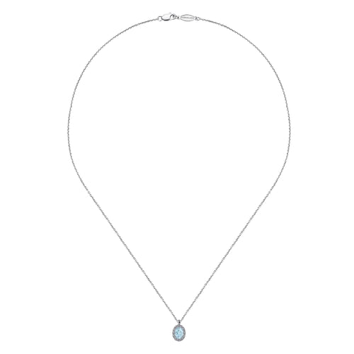 18 inch 14K White Gold Aquamarine and Diamond Halo Drop Necklace