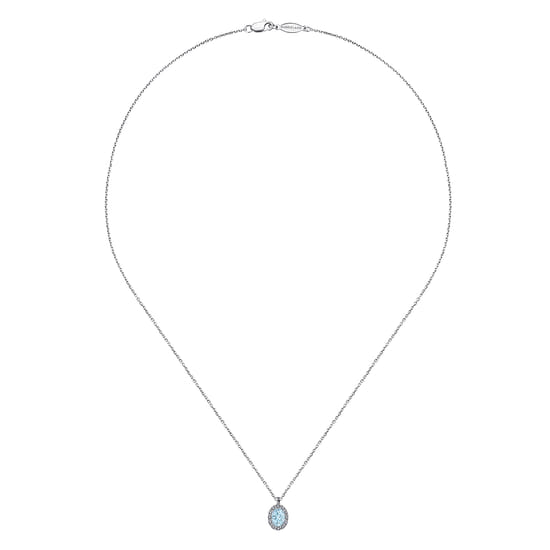 18 inch 14K White Gold Aquamarine and Diamond Halo Drop Necklace angle 2