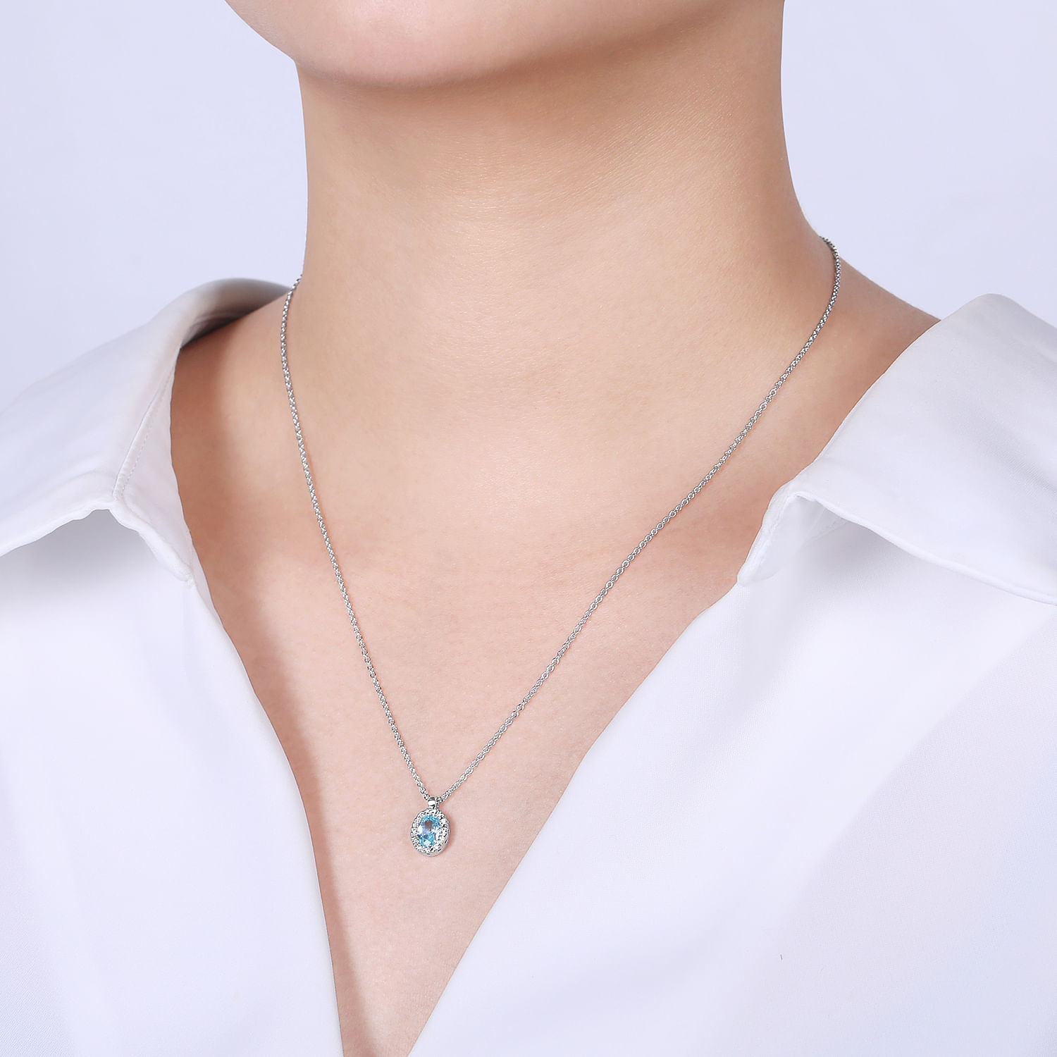 18 inch 14K White Gold Aquamarine and Diamond Halo Drop Necklace