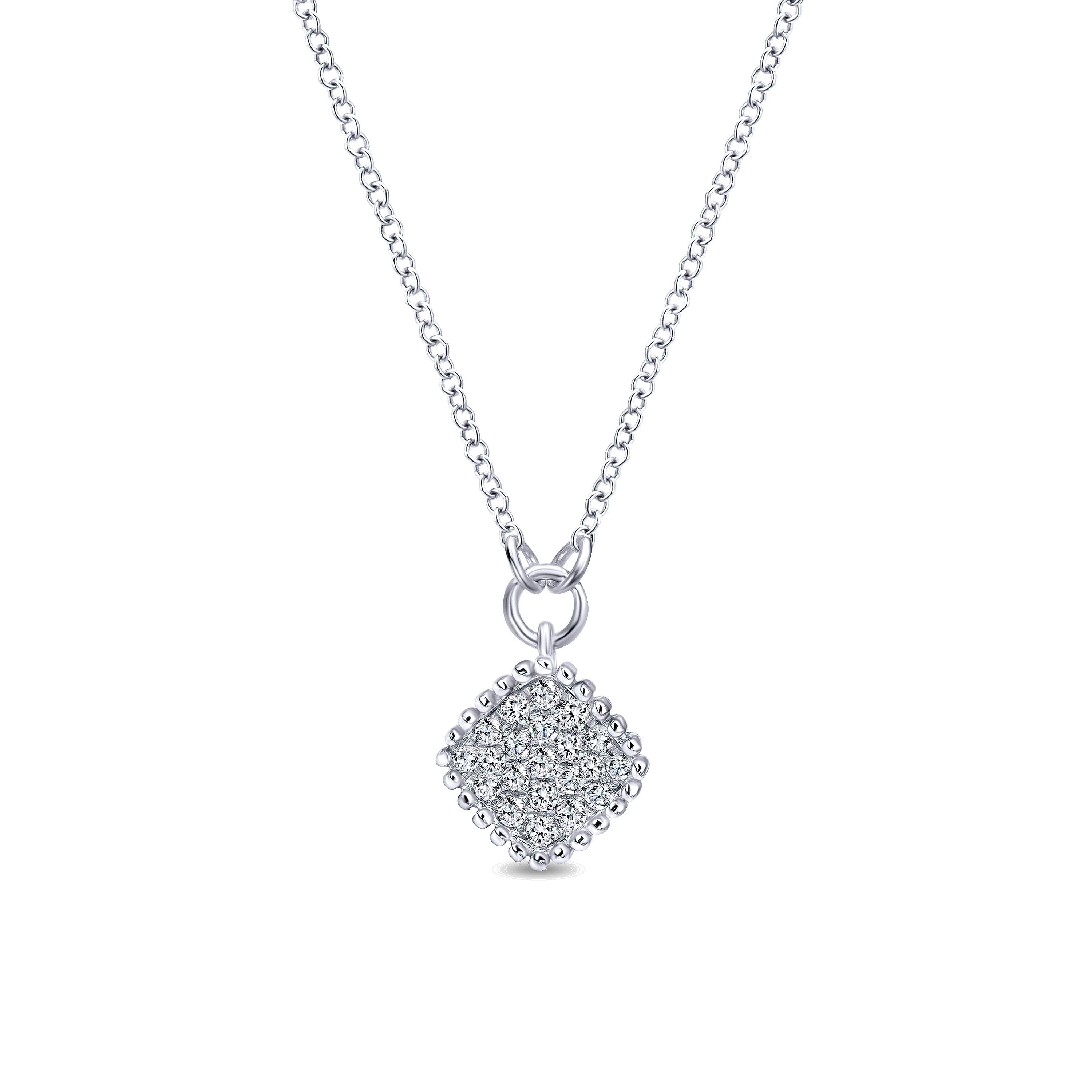 18 inch 14K White Gold Beaded Cushion Shaped Diamond Cluster Pendant Necklace
