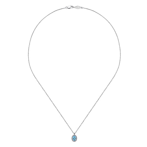 18 inch 14K White Gold Blue Topaz and Diamond Halo Drop Necklace