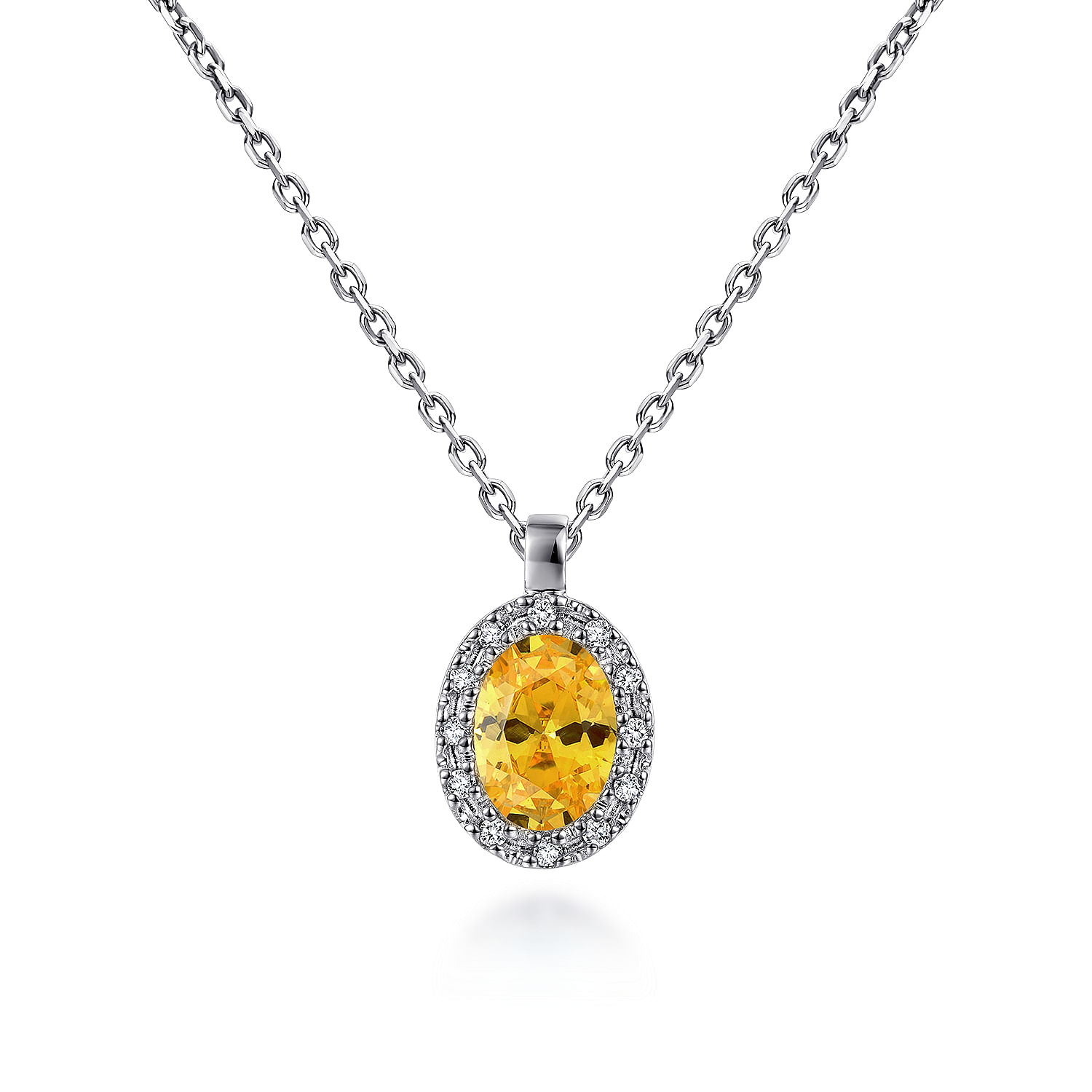 18 inch 14K White Gold Citrine and Diamond Halo Drop Necklace