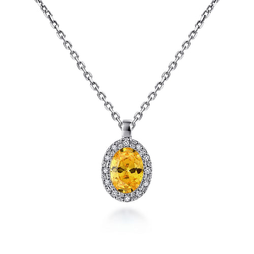 18 inch 14K White Gold Citrine and Diamond Halo Drop Necklace